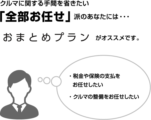 クルマに関する手間を省きたい「全部お任せ」派のあなたには・・・おまとめプランがオススメです。