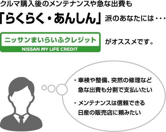 クルマ購入後のメンテナンスや急な出費も「らくらく・あんしん」派のあなたには・・・ニッサンまいらいふクレジットがオススメです。