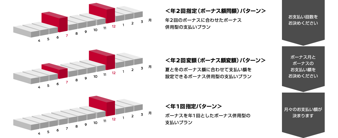 年2回指定（ボーナス額同額）パターン　年2回変額（ボーナス額変額）パターン　年1回指定パターン