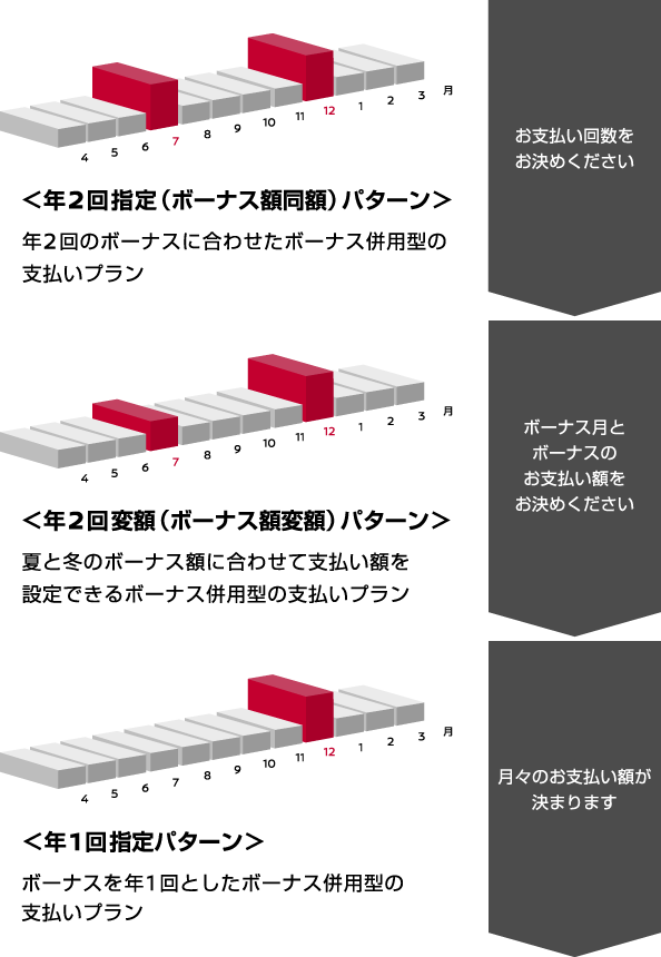 年2回指定（ボーナス額同額）パターン　年2回変額（ボーナス額変額）パターン　年1回指定パターン
