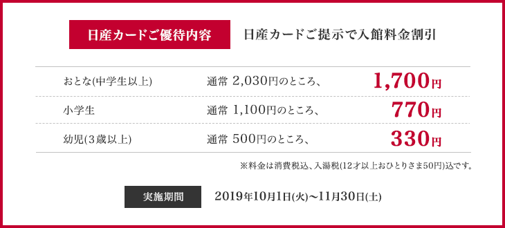 日産カードご優待内容　日産カードご提示で入館料金割引