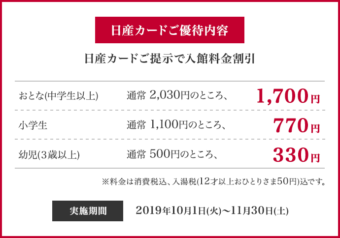 日産カードご優待内容　日産カードご提示で入館料金割引